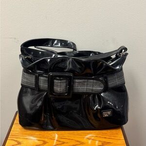Beijo Black Patent Shoulder Bag with Plaid Accent